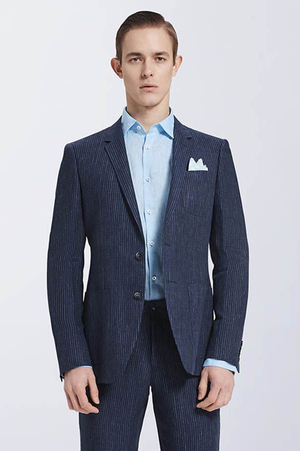 New Arrival Dark Navy Mens Casual Suits Stripes Patch Pockets Daily Men's Suits-Ballbella