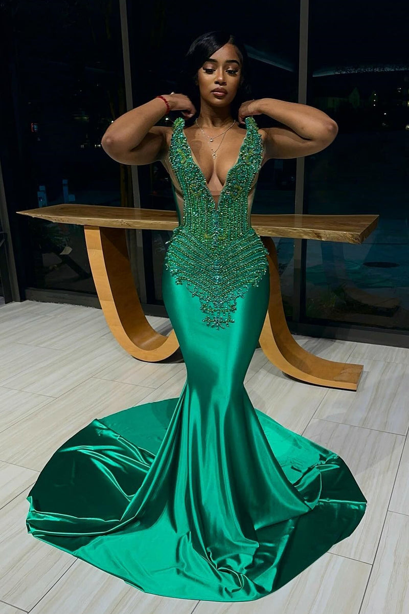 New Arrival Green Halter Lace Up Mermaid Crystal Prom Dresses-Ballbella