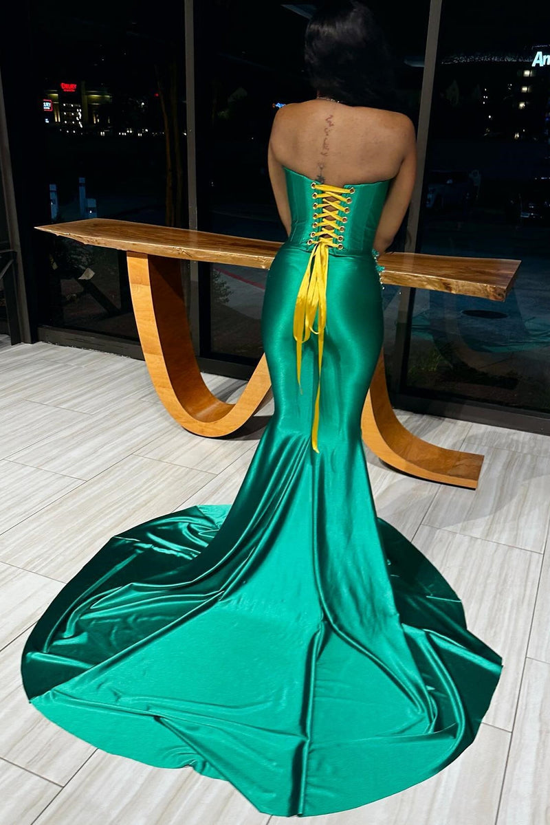 New Arrival Green Halter Lace Up Mermaid Crystal Prom Dresses-Ballbella