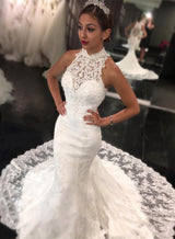 Ballbella offers latest High-Neck Lace Mermaid Sleeveless Sweep-Train Wedding Dress at factory price ,all made in high quality, Extra coupon to save a heap.