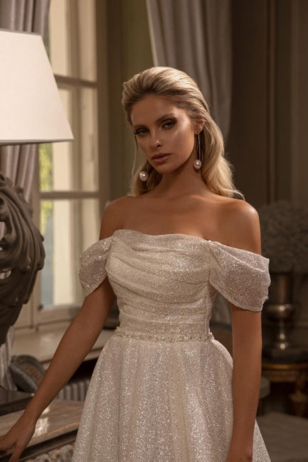 New Arrival Long A-line Off-the-shoulder Glitter Sleeveless Wedding Dresses-Ballbella