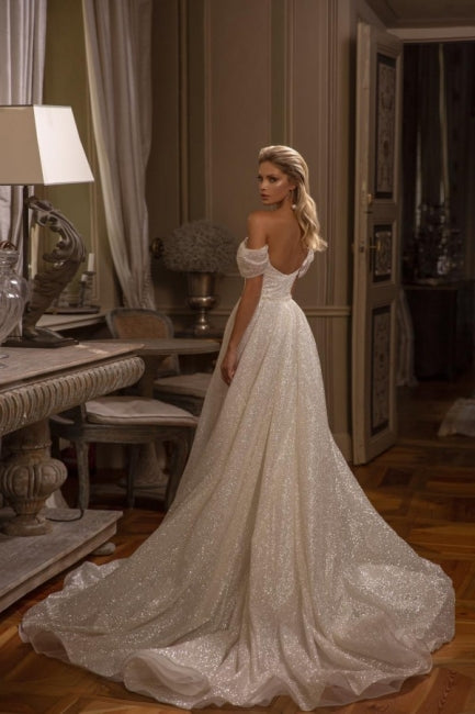New Arrival Long A-line Off-the-shoulder Glitter Sleeveless Wedding Dresses-Ballbella