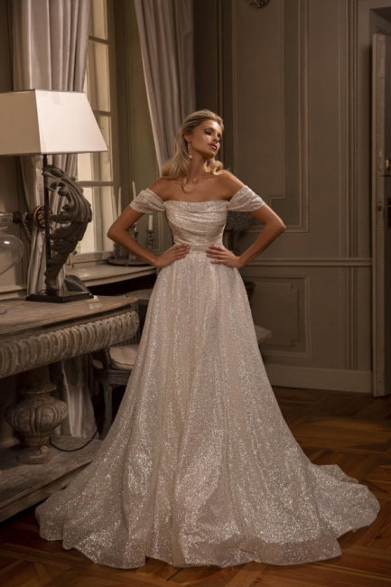 New Arrival Long A-line Off-the-shoulder Glitter Sleeveless Wedding Dresses-Ballbella