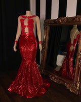 Looking for Prom Dresses in red,  mermaid style,  and sparkle sequin work? Ballbella has all covered on this New Arrival Long Sleevess Sequins Mermaid Sheer Tulle Red Long Evening Dress.