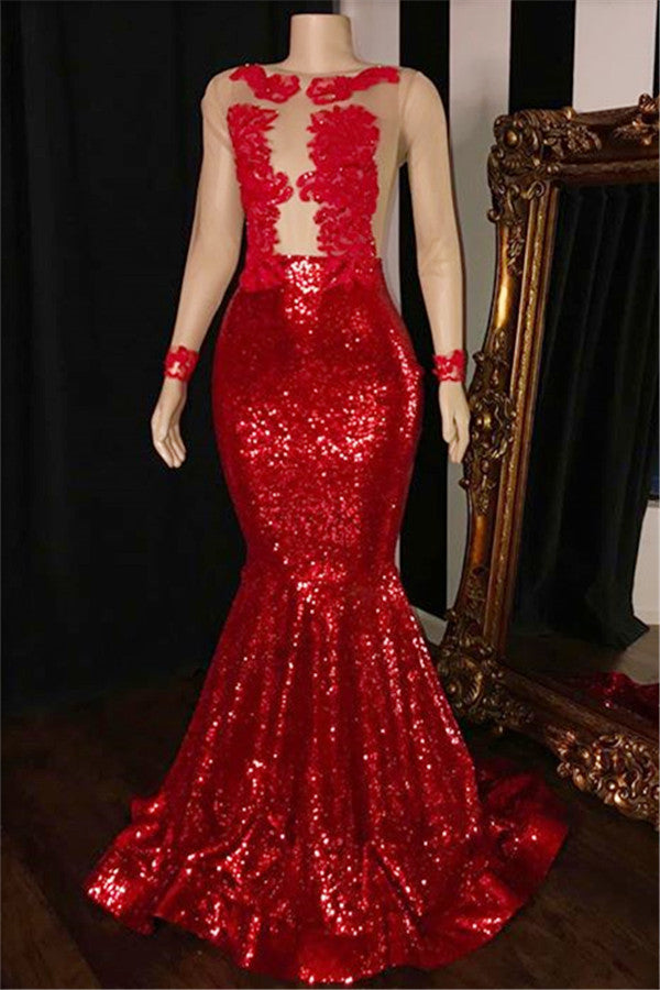 Looking for Prom Dresses in red,  mermaid style,  and sparkle sequin work? Ballbella has all covered on this New Arrival Long Sleevess Sequins Mermaid Sheer Tulle Red Long Evening Dress.
