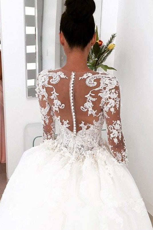 New Arrival Long Sleevess Sheath Wedding Dresses Lace Appliques Bridal Gowns with Detachable Train-Ballbella