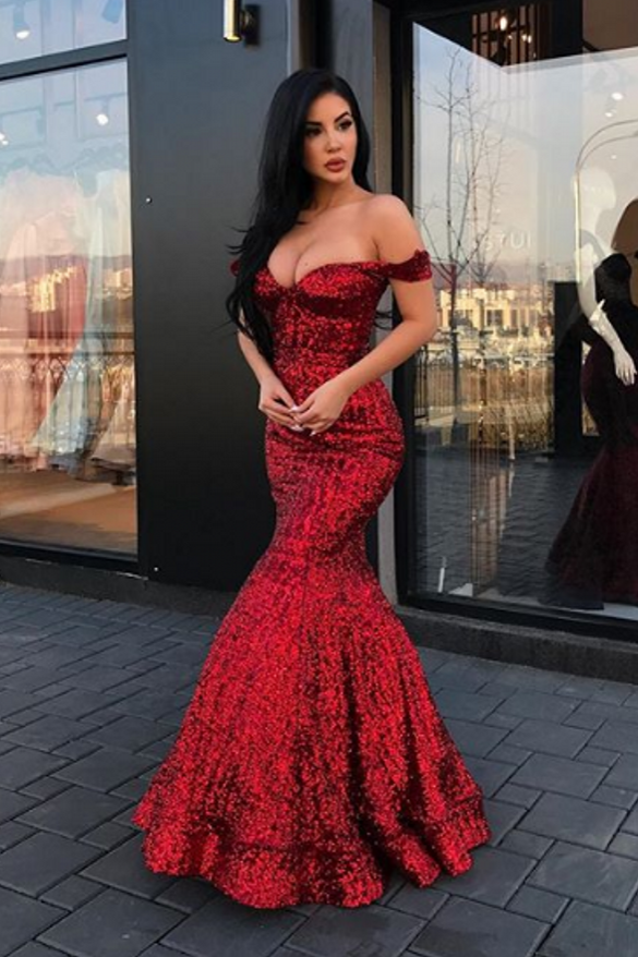 ballbella prom dresses Mermaid V-neck Sequined Open Back Floor-length Sleeveless Lace Beading Prom Dress