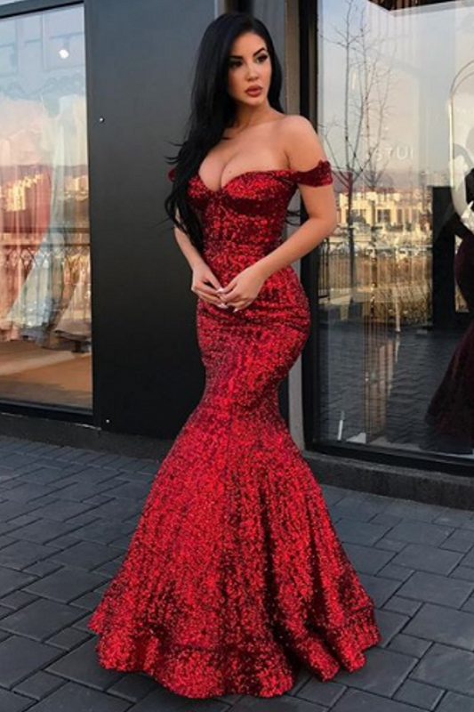 New Arrival Mermaid Charming Sequined Evening Dresses,  Off-The-Shoulder Floor Length Prom Dresses. Free shipping,  high quality,  fast delivery,  made to order dress. Discount price. Affordable price. Ballbella