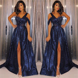 Still not know where to get A-Line Side-Slit Evening Gowns online? Ballbella offer you New Arrival Navy Blue One-Shoulder Sequins Prom Dresses at factory price,  fast delivery worldwide.