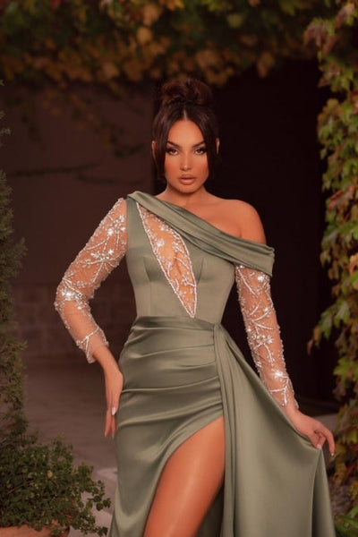 New Arrival One Shoulder Beading Split Graduation Dresses Long Prom Dresses With Long Sleeves