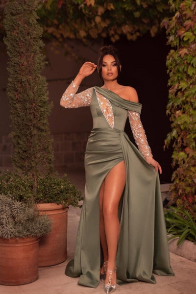 New Arrival One Shoulder Beading Split Graduation Dresses Long Prom Dresses With Long Sleeves New Arrival One Shoulder Beading Split Graduation Dresses Long Prom Dresses With Long Sleeves