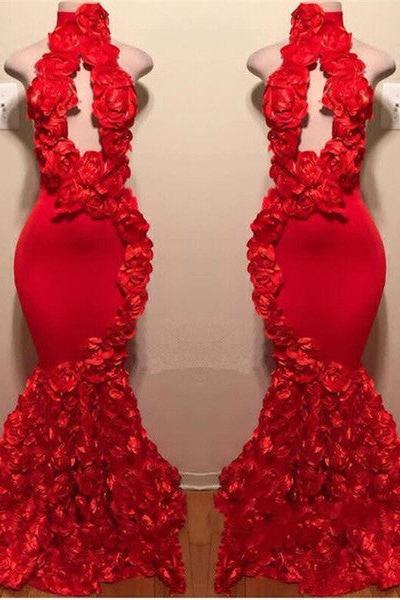 New Arrival Red Keyhole Mermaid Flowers Halter Sleeveless Long Prom Dresses-Ballbella