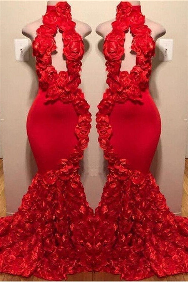 New Arrival Red Keyhole Mermaid Flowers Halter Sleeveless Long Prom Dresses-Ballbella