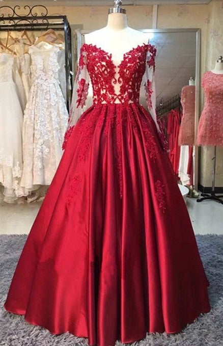 This beautiful New Arrival Red Prom Dresses Off-the-Shoulder Lace Appliques Long Sleevess Puffy Evening Gowns will make your guests say wow. The Off-the-shoulder bodice is thoughtfully lined,  and the Floor-length skirt with Lace to provide the airy,  flatter look of Stretch Satin.