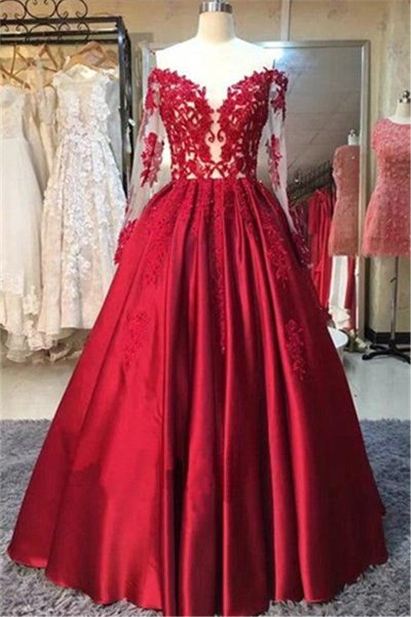 New Arrival Red Prom Dresses Off-the-Shoulder Lace Appliques Long Sleevess Puffy Evening Gowns-Ballbella