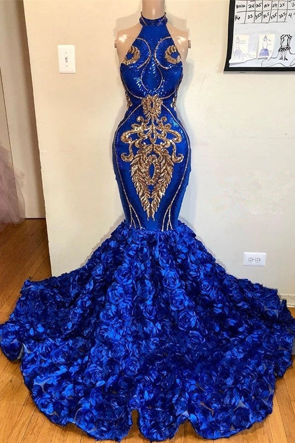 Ballbella has a great collection of  New Arrival Royal Blue Halter Mermaid Prom Dresses Gorgeous Sleeveless Flowers Long Evening Gowns at an affordable price. Welcome to buy high quality Real Model Series from Ballbella