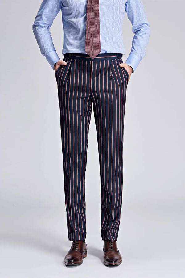 New Arrival Stripes Dark Navy Mens Suits Peak Lapel Three Flap Pockets Suits for Men-Ballbella