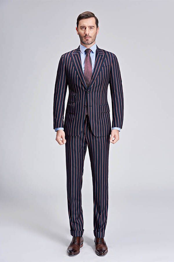 New Arrival Stripes Dark Navy Mens Suits Peak Lapel Three Flap Pockets Suits for Men-Ballbella