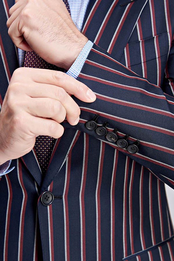 New Arrival Stripes Dark Navy Mens Suits Peak Lapel Three Flap Pockets Suits for Men-Ballbella