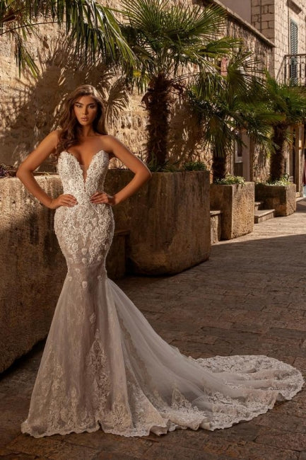New Arrival sweetheart sleeveless mermaid lace Wedding Dresses-Ballbella