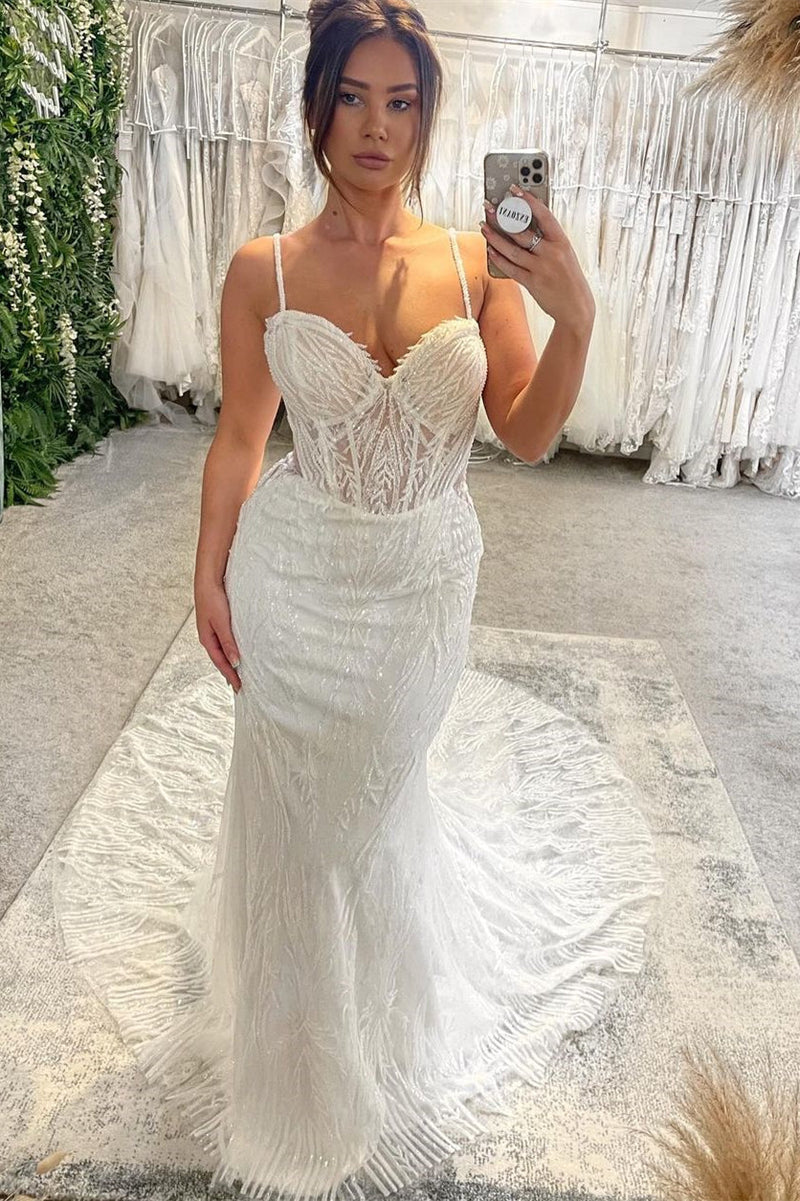 New Arrival Sweetheart Sleeveless Spaghetti Straps Mermaid Wedding Dress-Ballbella