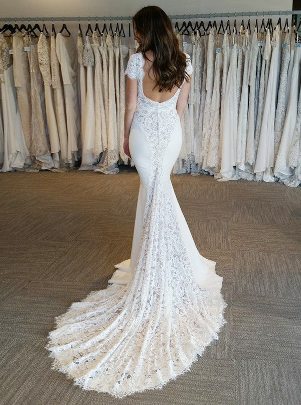 Ballbella offers latest White V-Neck Lace Appliques Mermaid Bridal Gown Backless Cap Sleeve Long Wedding Dress at a good price ,all made in high quality. All sold at reasonable price