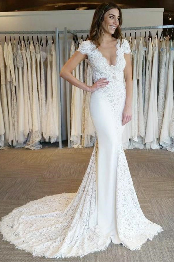 New Arrival White V Neck Lace Appliques Mermaid Bridal Gown Backless Cap Sleeve Long Wedding Dress-Ballbella