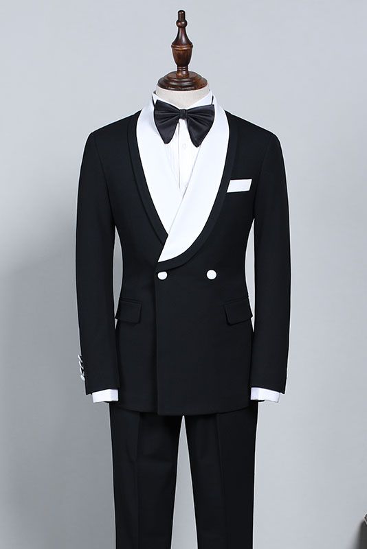 Ballbella custom made this New Black And White Slim Fit Bespoke Wedding Suit For Grooms with rush order service. Discover the design of this Black & White Solid Shawl Lapel Double Breasted mens suits cheap for prom, wedding or formal business occasion.