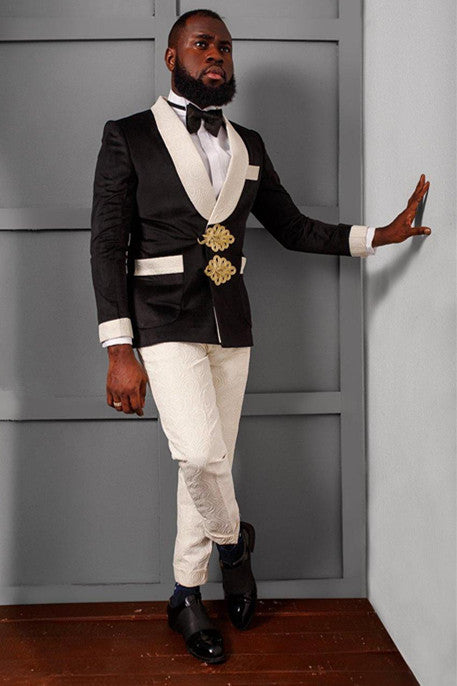 New in Bespoke Black Knitted Button Jacquard Wedding Suits for Groom-Ballbella