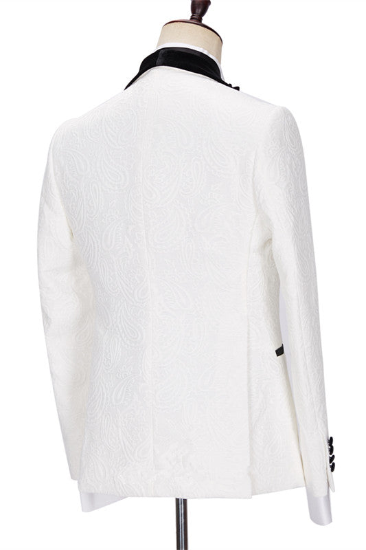New in White Jacquard Three Pieces Wedding Men Suits with Velvet Lapel-Ballbella
