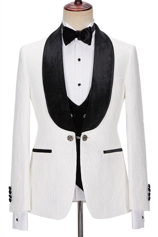 New in White Jacquard Three Pieces Wedding Men Suits with Velvet Lapel-Ballbella