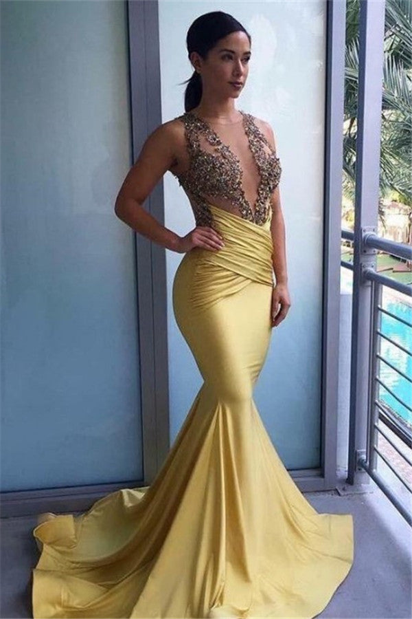 Ballbella offers New Mermaid Ruffles Beads Appliques Sheer Tulle Prom Dresses Summer Long Yellow Formal Dresses On Sale at an affordable price from Stretch Satin to Mermaid Floor-length skirts. Shop for gorgeous Sleeveless Prom Dresses collections for special events.