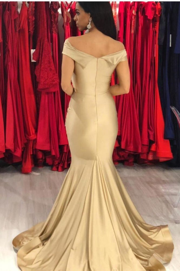 Ballbella offers new New Off-the-Shoulder Stretch Satin Plicated V-neck Floor Length Prom Dresses Mermaid Sleeveless Champagne Evening Gowns at cheap prices. It is a gorgeous Mermaid Prom Dresses, Evening Dresses in Stretch Satin,  which meets all your requirements.