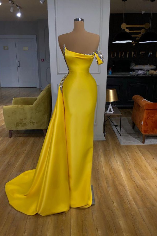 New One shoulder Bright Yellow Mentallic Sequins Overskirt Prom Dress-Ballbella