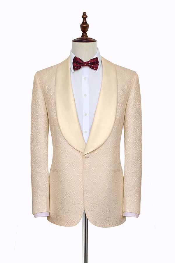 Noble Champagne Jacquard Wedding Tuxedos for Groom Silk Shawl Lapel Prom Suits-Ballbella