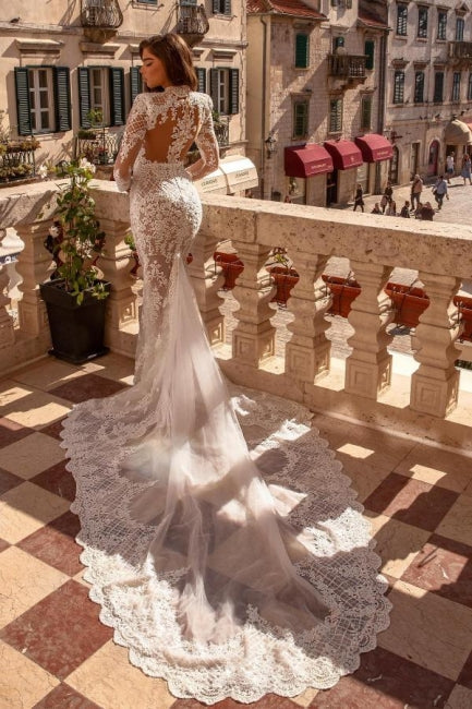 Noble highneck longsleeves mermaid lace Wedding Dresses-Ballbella