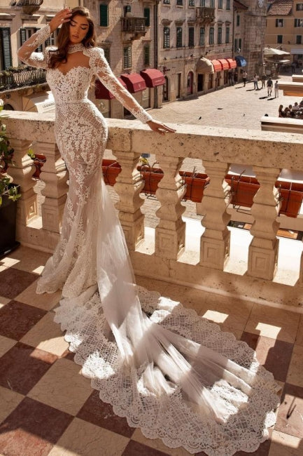 Noble highneck longsleeves mermaid lace Wedding Dresses-Ballbella