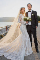 Noble vneck longsleeves mermaid lace Wedding Dresses-Ballbella