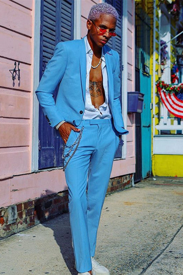 Noe Blue Shawl Lapel One Buttons Slim Fit Designer Prom Men's Suit-Ballbella