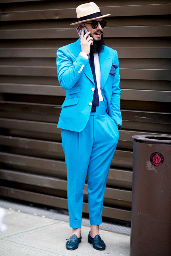 Ocean Blue Close Fitting Peaked Lapel Men Suits for Prom-Ballbella