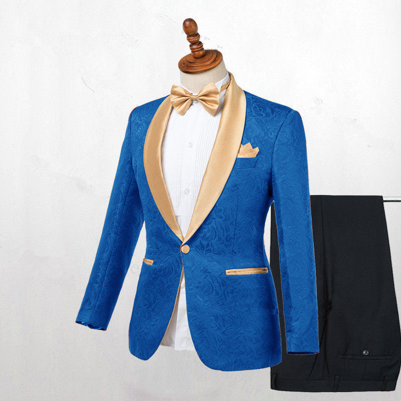 Ocean Blue Jacquard Slim Fit Wedding Suits-Ballbella