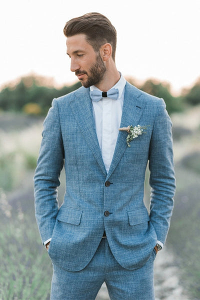 Ocean Blue Linen Summer Beach Groom Wedding Suits Casual Man