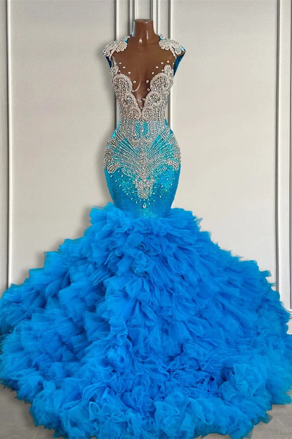 Ocean Blue Mermaid Tulle Ruffle Prom Dress Long With Beadings Ocean Blue Mermaid Tulle Ruffle Prom Dress Long With Beadings
