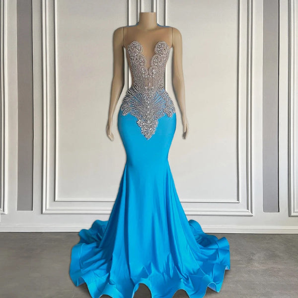 Ocean blue sleeveless mermaid prom dress with long beadings-Ballbella