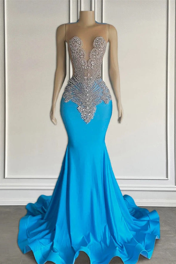 Ocean blue sleeveless mermaid prom dress with long beadings-Ballbella