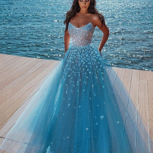 strapless open back dress Ocean Blue Strapless Sparkle Beads Tulle Princess Prom Party Gowns