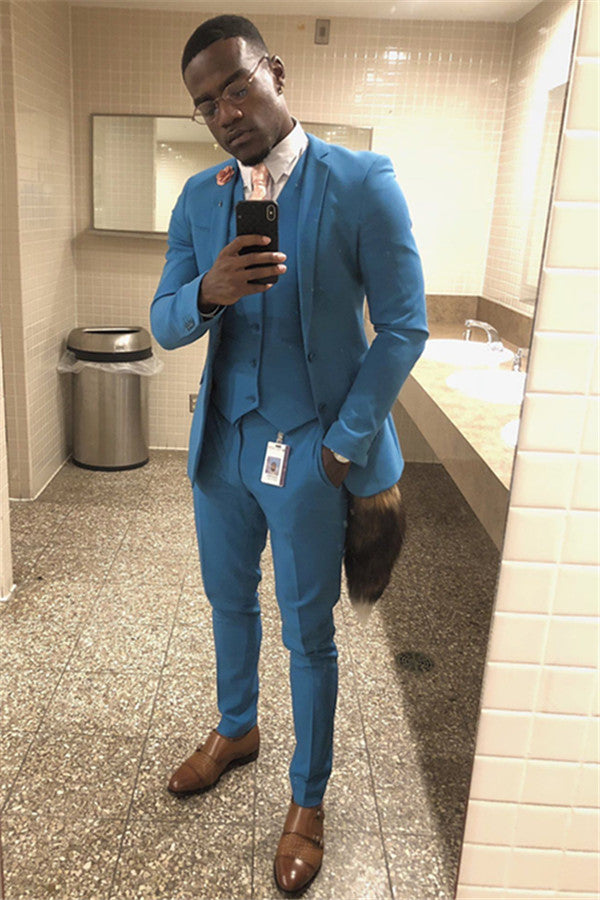 Ocean Blue Three-Piece Slim Fit Notch Lapel Men's Suit for Prom-Ballbella