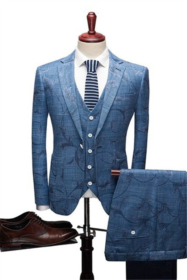 Ocean Blue Wood Men's Business Suitss Online Notched Lapel Print Tuxedo