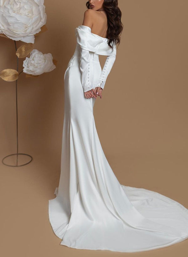 Off-Shoulder Long Sleeves Sweep Train Wedding Dresses-Ballbella