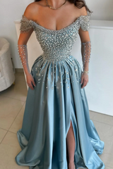 Off the shoudler Pearls Dusty Blue A-line Floor length Prom Dresses-Ballbella